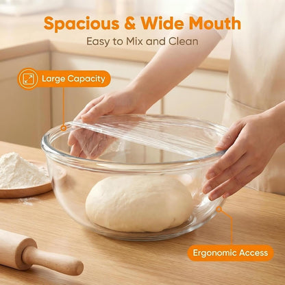 Large Borosilicate Glass Mixing Bowls, Set of 2 (6.4QT, 3.7QT) - Heavy-Duty, Stackable & Lead-Free. Oven, Microwave, Dishwasher & Freezer Safe. Ideal for Sourdough, Baking, Prepping, Serving.6