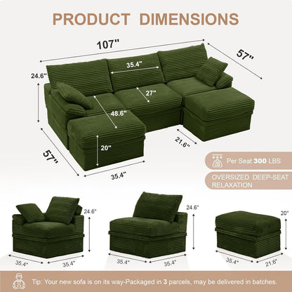 107" Boneless Couch with Storage, 48.6" Extra Deep-High Seat Modular Sectional Sofa with Ottoman, 3 Seater U Shaped Corduroy Cloud Couch, Tool-Free Assembly Sectional Couches for Living Room, Green3