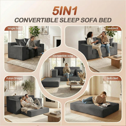56" Boneless Couch, 5-In-1 Boneless Loveseat Sleeper Sofa Bed, Mini Convertible Pull Out Corduroy Futon Couch with Side Pockets & Handle, Folding Floor Sofa Bed with 4 Pillows for Small Space3