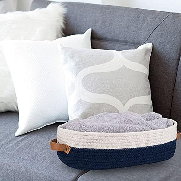 Toilet Basket,Woven Storage Basket for Toilet Tank Top Farmhouse Home Decor Organizing Baskets 13"X5.9"X4" Navy Stitching White4
