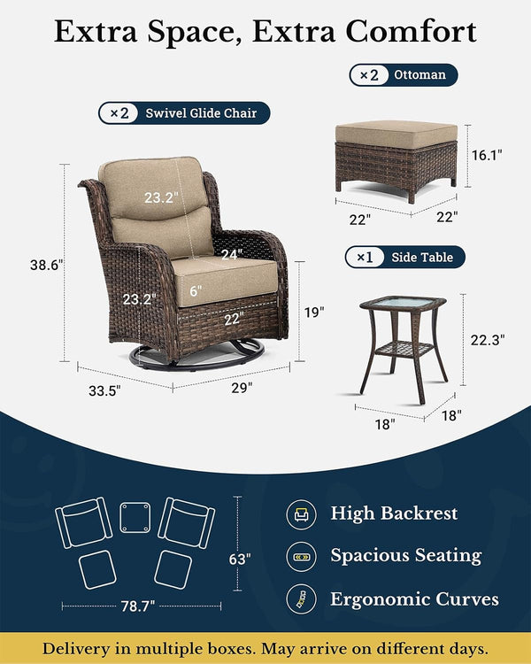 5-Piece Luxury Patio Furniture Set with 6" Thick Cushions, Weather-Resistant Wicker High Back Swivel Rocker Chairs, Senior-Friendly Conversation Set for Small Porch, Deck and Sunroom, Beige(V2)2