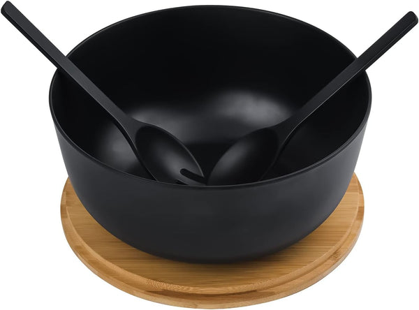Bamboo Fiber Salad Bowl with Servers Set Large 9.8 Inches Nature Bamboo Mixing Bowl with Servers with Lid Spoon and Fork for Fruits,Salads and Vegetables3