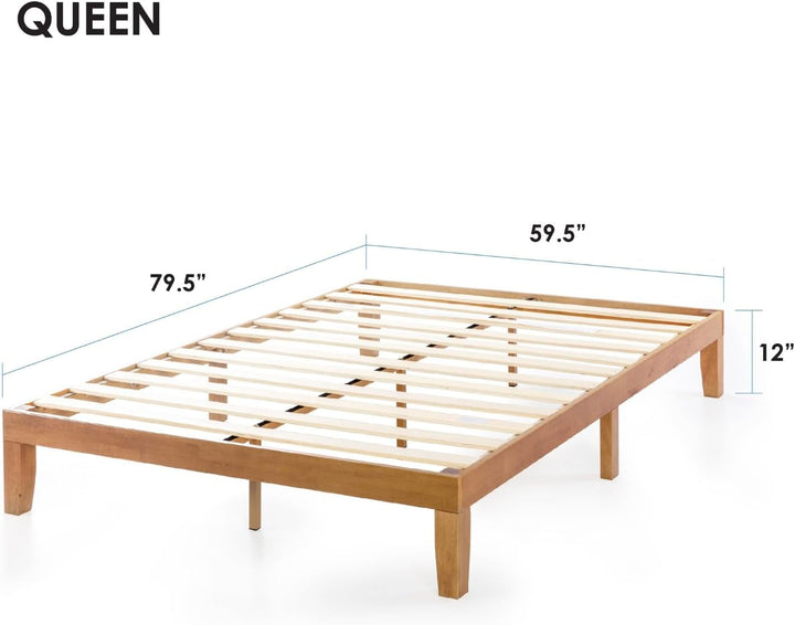 Naturalista Classic - 12 Inch Solid Wood Platform Bed with Wooden Slats, No Box Spring Needed, Easy Assembly, Queen, Pine+2