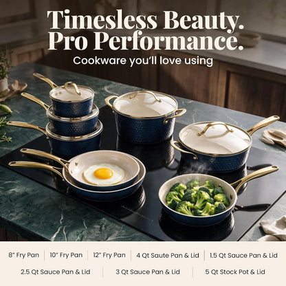 Hammered 13Pc Pots and Pans Set Non Stick Ceramic Cookware Set | Heavy Duty 3.0MM Gauge, Non Toxic PFOA/PTFE/PFOS Free Ceramic & Titanium, Induction Compatible, Oven & Dishwasher Safe3