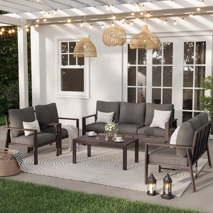 Aluminum Patio Furniture Set 5 Pieces Modern Patio Conversation Sets for Porch, Deck, Garden, 7-Seat Outdoor Furniture Metal Sofa Set with 4" Water-Resistant Cushion & Coffee Table,Gray6