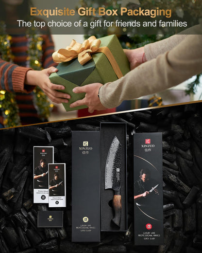 7.6 Inch Sharp Damascus Santoku Knife,Professional 67 Layers Damascus Steel Kitchen Meat Knife for Home and Kitchen,10Cr15Comov Steel Core,With White Oak + Red G10 Gasket Handle7