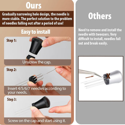 WDT Espresso Distribution Tool Espresso Stirrer Tools for Barista, 0.35Mm 7 Needles Espresso Coffee Stirrer with Extra 7 Replaceable Needles, Aluminum Alloy Handle with Stand (Black)7