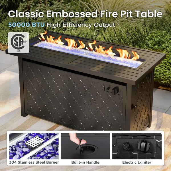 8 Piece Metal Patio Furniture Set with Fire Pit Table, Beige9