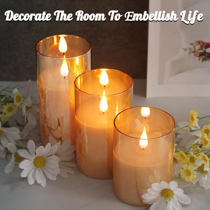 Rechargeable Gold Glass Flameless Candles, Flashing LED Pillar Real Wax Candle with Remote Control and Timer, Upgraded Teardrop Wick, LED Electronic Candles, 1 Set of 33