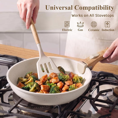 31Pcs Pots and Pans Set Non Stick Ceramic Cookware Set W/Removable Handle | Non Toxic, Pfas-Free, Durable, Space Saving, Induction Compatible, Dishwasher Safe, 3Pcs Knife Set, 4Pcs Placemat Set4