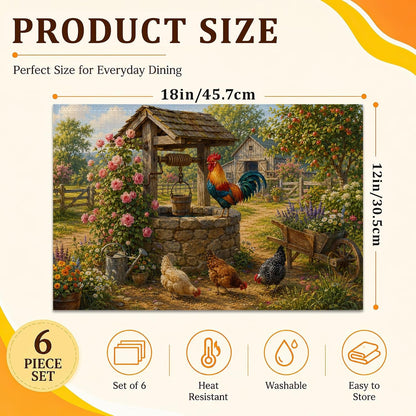 Farmhouse Rooster Sunflower Garden Linen Table Mats Set of 6, 12 X 18 Inch Washable Waterproof Placemats, Stain Resistant Reusable Place Mats for Dining Table, Kitchen, Home Kitchen Decor2