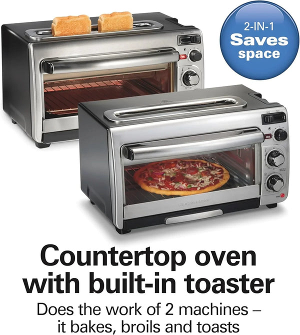 2-In-1 Countertop Toaster Oven and Long Slot 2 Slice Toaster | Bake, Broil Toast | 2 Rack Positions | 60 Minute Timer | Automatic Shut off | Shade Selector | Stainless Steel | 31156J2