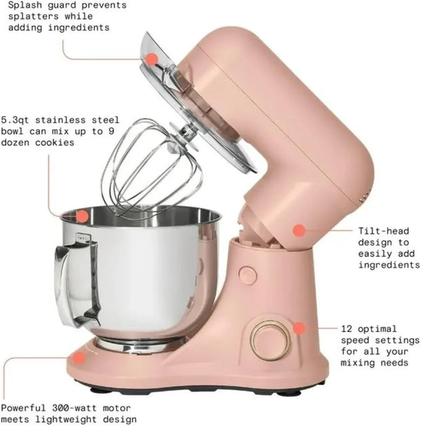 Wonderful Kitchen Stand Mixer 5.3 Qt Bowl, 12 Speeds Tilt-Head, Dough Hook Flat Beater Whisk for Baking Tasks Metal Build for Baking (Rose)5