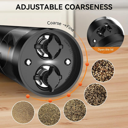 2 in 1 Electric Salt and Pepper Grinder Set, USB Rechargeable, Automatic Salt and Pepper Mill Shakers with Battery Display, LED Light, Adjustable Coarseness Ideal for Kitchen Gift(Black)6