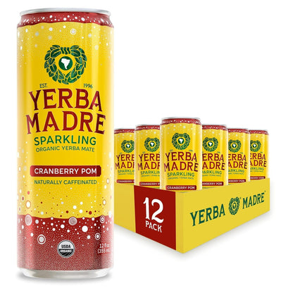 Yerba Madre Organic Sparkling Yerba Mate, Cranberry Pom, 115Mg Natural Plant Based Caffeine, Smooth Energy & Focus, Carbonated, 12Oz Cans (Pack of 12) (Packaging May Vary)1