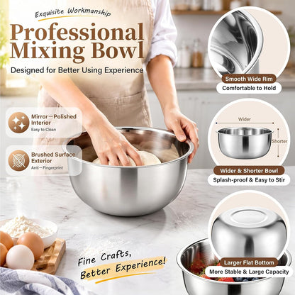 Mixing Bowls with Lids Set of 3, Khaki Stainless Steel Salad Bowl3