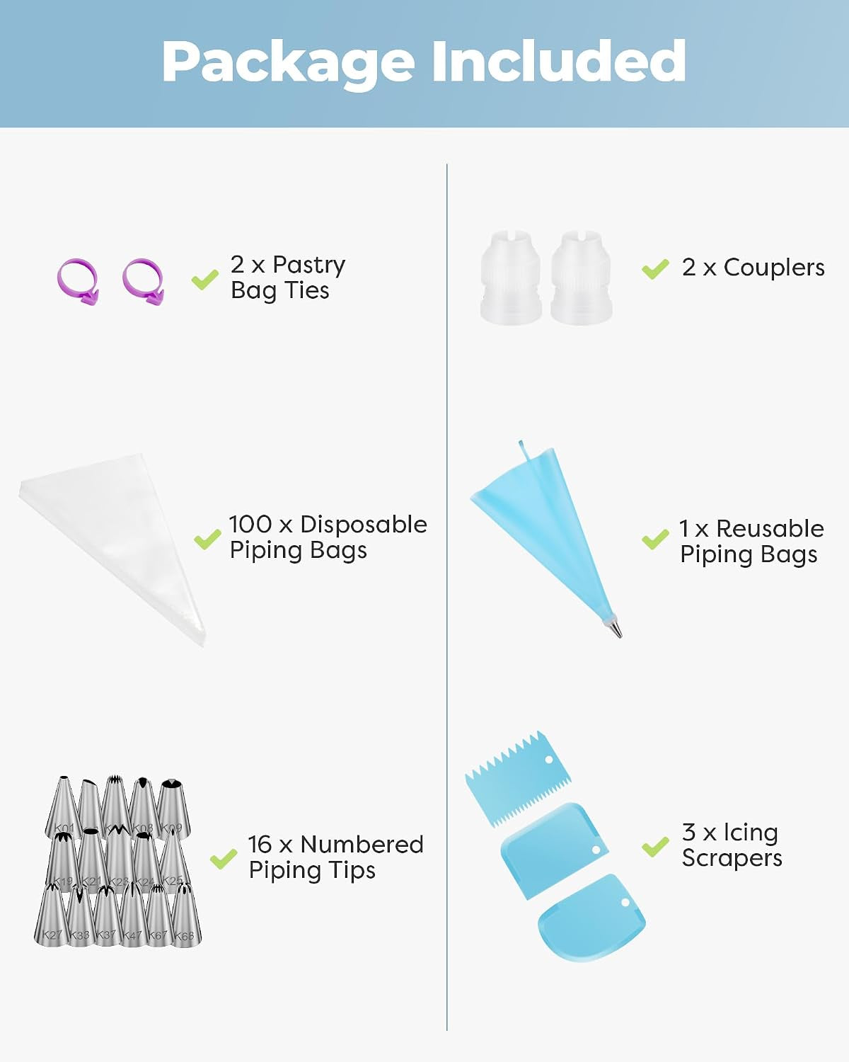 124-icing-piping-bags-and-tips-set-frosting-cake-decorating-kit-blue-baking-supplies-tools-100-1-piping-bags-12-16-icing-piping-tips-reusable-pastry-bag-3-scrapers-for-beginners-pros