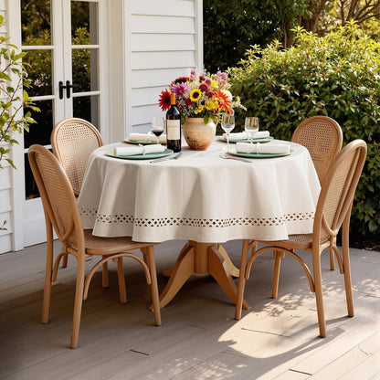 Beige 60 Inch round Linen Tablecloth with Decorative Cutouts | Waterproof Stain Resistant & Shrink-Proof Table Cloth, Farmhouse Style, for Dining Wedding Kitchen Party Outdoor7