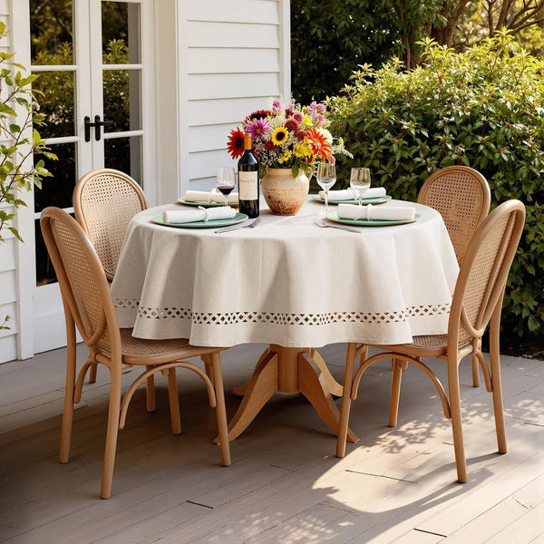 Beige 60 Inch round Linen Tablecloth with Decorative Cutouts | Waterproof Stain Resistant & Shrink-Proof Table Cloth, Farmhouse Style, for Dining Wedding Kitchen Party Outdoor7