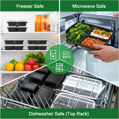 50 Pack 32 Oz Meal Prep Containers with Lids 3-Compartment, Black5