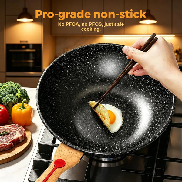 Nonstick Wok Aluminium Die-Casting Chinese Wok, Scratch Resistant with Lid and Spatula, Pfoa-Free, Dishwasher Safe & Induction Bottom,11.8 Inch,5Qt,Large Capacity5
