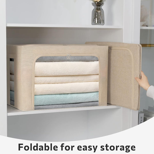 2 Pack Clear Window Storage Bins Foldable Fabric Storage Bins Boxes for Clothes Stackable Box Organizer Set with Carrying Handles (Beige, 22L,15.7X 11.8X 7.8 Inch)2