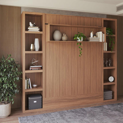Easy-Lift Queen Murphy Wall Bed in Brown Wood Grain with Two Bookshelves3