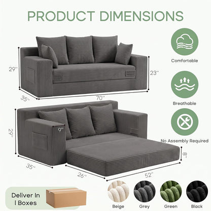 Boneless Couch for Living Room, 3 Seater Convertible Sofa Bed in a Box, Folding Pull Out Couch with Comfy Corduroy, Loveseat Sleeper Floor Sofa with 5 Pillows, No Assembly Required, Grey2