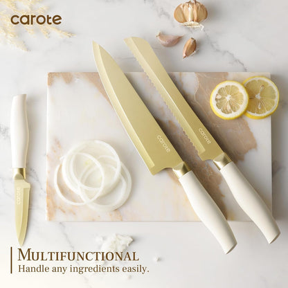 Kitchen Knife Set, 6 Gold Knives with 6 Blade Guards, 12-Piece | Stainless Steel Blades, Ceramic Nonstick Coating, Long-Lasting Sharpness, Rust-Resistant, Non-Slip, Dishwasher Safe4