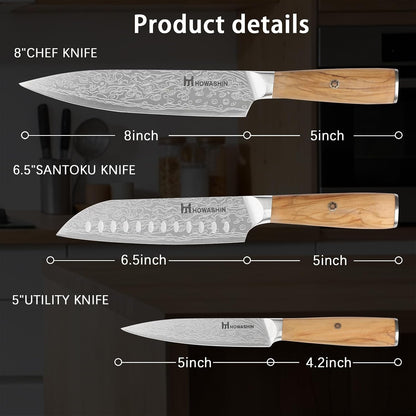 Kitchen Knife Set, Japanese Chef Knife Set Professional Olive Wood | 3 Piece, 5 Inch Utility Knife, Paring Knife, Butcher, Santoku, Sharp Knife, German High Carbon Stainless Steel, No Block, 8In2