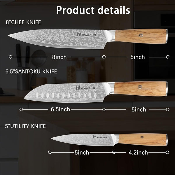Kitchen Knife Set, Japanese Chef Knife Set Professional Olive Wood | 3 Piece, 5 Inch Utility Knife, Paring Knife, Butcher, Santoku, Sharp Knife, German High Carbon Stainless Steel, No Block, 8In2