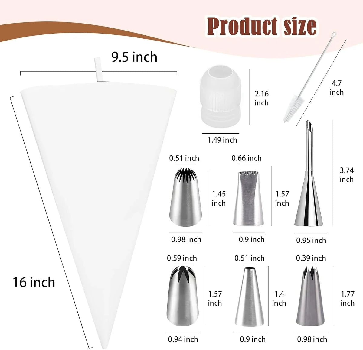 9-piece-reusable-piping-bags-and-tips-set-with-stainless-steel-nozzles-thick-cotton-bag-6-stainless-steel-tips-secure-coupler-and-brush-for-cakes-cupcakes-and-cookies-decorating-easy-to-reuse