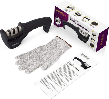 4-In-1 Kitchen Knife Accessories: 3-Stage Knife Sharpener Helps Repair, Restore, Polish Blades and Cut-Resistant Glove (Black)3