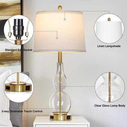 27.5" Clear Glass Table Lamp Set of 2,3-Way Dimmable Touch Control Bedside Lamps with USB Ports and AC Outlet, Modern Nightstand Lamps Gold Lamp for Bedroom Living Room7