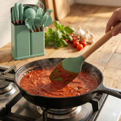 Silicone Kitchen Utensil Set, 19 Piece with Wooden Handles, Cutting Board, Storage Holder, Black Pink Gray Mint Green, Cooking Tools with Organizer (Green)3