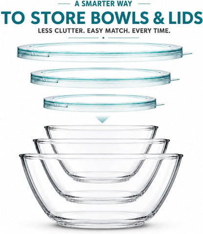 Glass Mixing Bowls with Lids Set(4.5Qt, 2.7QT, 1.1Qt)-Large Glass Mixing Bowls, Clear Salad Bowl for Baking, Cooking, Serving, Food Prep, 3PC Nesting Bowls for Kitchen Storage & Dishwasher Safe5