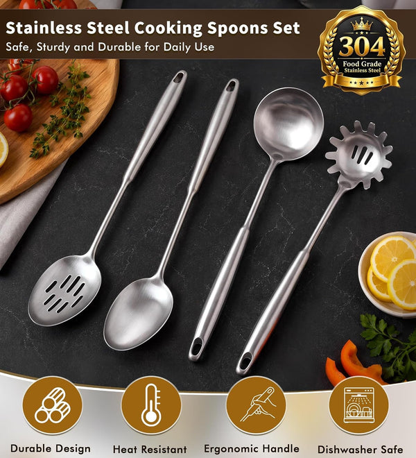 4 Pcs Stainless Steel Cooking Spoons Set, 304 Solid & Slotted Metal Serving Spoons, Pasta Fork, Large Soup Ladle, High Heat Resistant Kitchen Cooking Utensils for Mixing, Stirring, Dishwasher Safe2