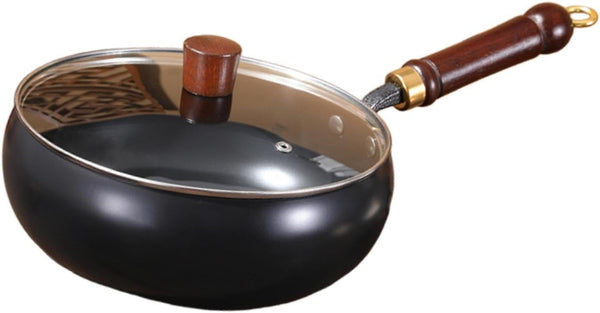 Flat Bottom Wok Sturdy Stir Fry Pan Comfortable Handle without Coated Cookware Cooking Pot for Hotel Camping Home Kitchen Restaurant, Glass Lid6