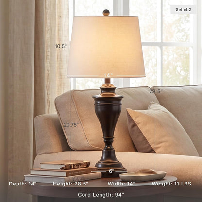 Signature Design by Ashley Table Lamp Set of 2, Dark Bronze | Fabric Hardback Shade, 28.5 Inches Tall, Traditional Double Pillar Base, 3-Way Switch, Living Room Use, Darlita Series2