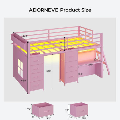 Kids Low Loft Bed Twin Size with Desk and 7 Storage Drawers, Pink2