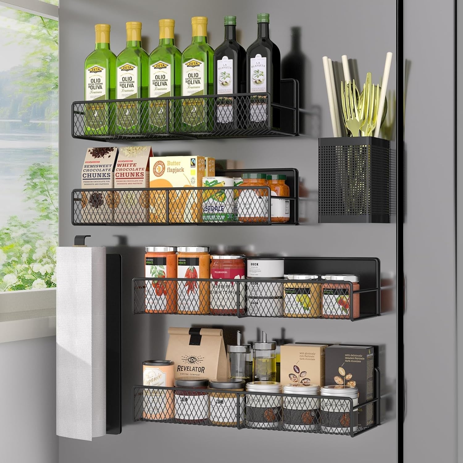 magnetic-spice-rack-for-refrigerator-6-pack-100-metal-strong-magnet-shelf-black-space-saving-spice-organizer-home-kitchen-laundry-room-storage-organization-w-paper-towel-holder-utensils-racks