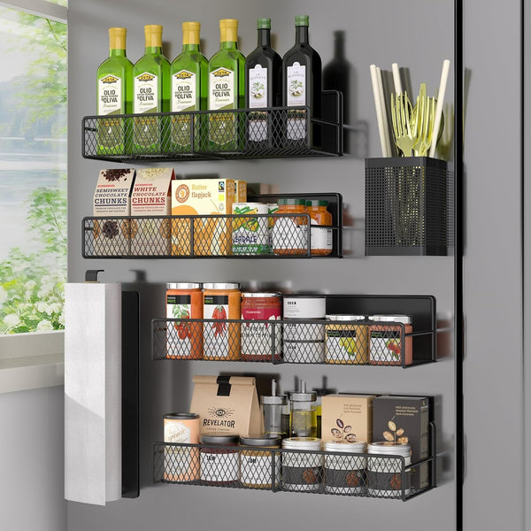 Magnetic Spice Rack for Refrigerator, 6 Pack 100% Metal Strong Magnet Shelf Black, Space Saving Spice Organizer, Home Kitchen Laundry Room Storage Organization W/ Paper Towel Holder, Utensils Racks1