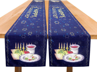 2 Pack Happy Passover Table Runner 72 X 13 Inch, Linen Pesach Seder Table Decoration, Star of David Menorah Design, Jewish Holiday Party Kitchen Dining Home Decor, Dark Blue1