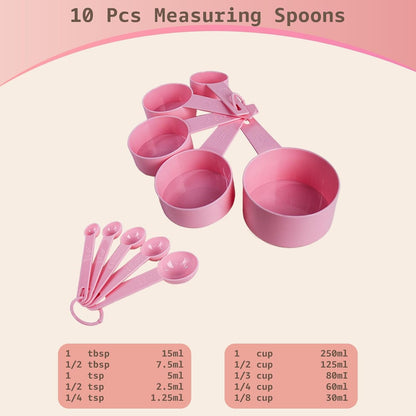 10Pcs Measuring Cups and Spoons Set, Bpa-Free Plastic Kitchen Baking Tools with Engraved Markings, Stackable Design for Dry & Liquid Ingredients (Pink)2