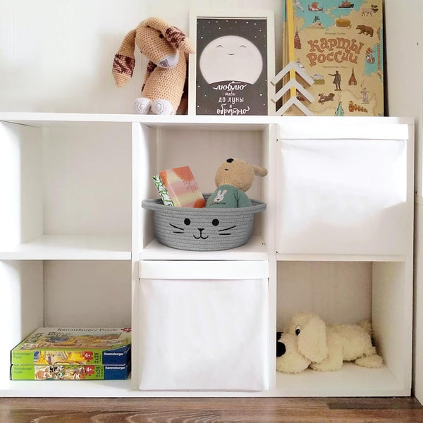 Small Cat Toy Basket, 10”X10”X4” Gray Cotton Rope Storage Bin with Handles, Woven Cat Organizer Box for Indoor Pets, Cute Kitty Easter Basket Gifts Empty, Living Room Nursery Decor5