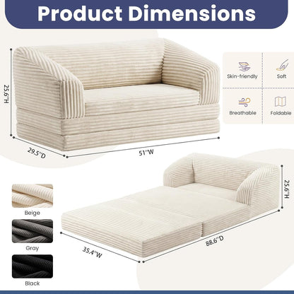 Convertible Sofa Bed, 3-In-1 Foldable Loveseat Couch with Armrest, Corduroy Floor Sofa & Sleeper Bed, No Assembly High-Density Foam Futon Mattress for Living Room, Small Apartment, Dorm2