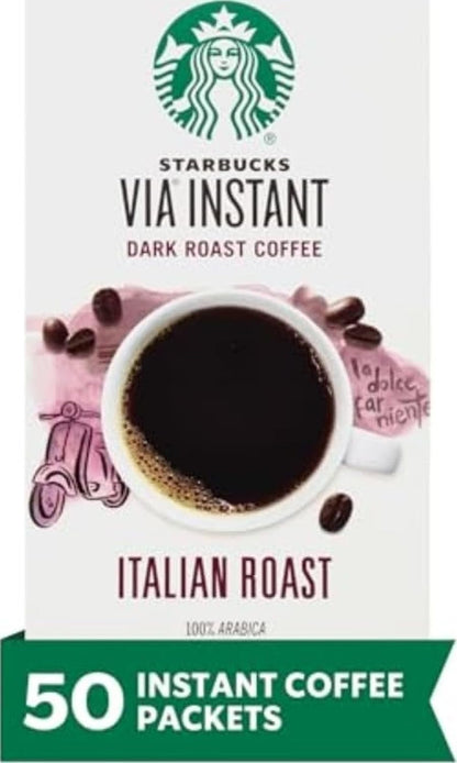 Starbucks via Instant Coffee, Dark Roast Coffee, Italian Roast, 100% Arabica, Single-Serve, 1 Box (50 Packets) | 100% Arabica Instant Coffee Packets; Italian Roast Dark Roast; 1 Box, 50 Packets1
