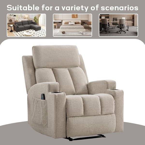 Manual Recliner Chair with Massage and Heat,Comfy Recliner Chair Sofa with Overstuffed Arms and Back, Manual Reclining Single Sofa with 2 Cup Holders, Side Pocket for Living Room,Beige6