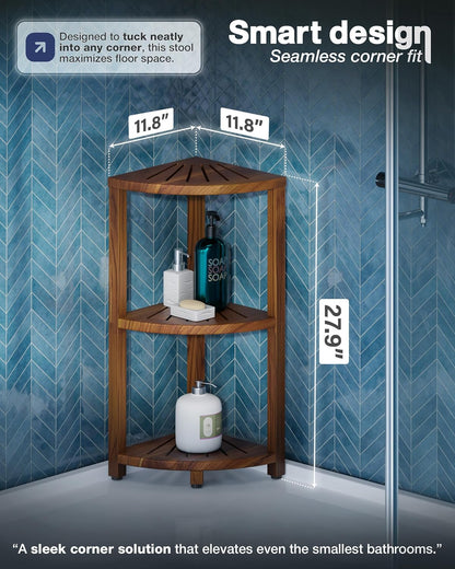 3-Tier Wooden Corner Shower Caddy Organizer with Anti-Slip Feet3