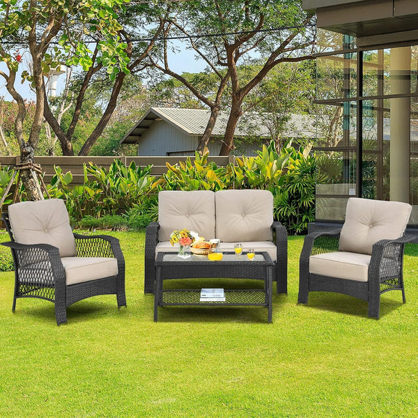 4 Pieces Outdoor Patio Furniture Set, Patiojoy PE Wicker Conversation Sofa Set with Tempered Glass Coffee Table, Sectional Rattan Patio Sofa Set for Garden, Backyard, Poolside (Beige)4